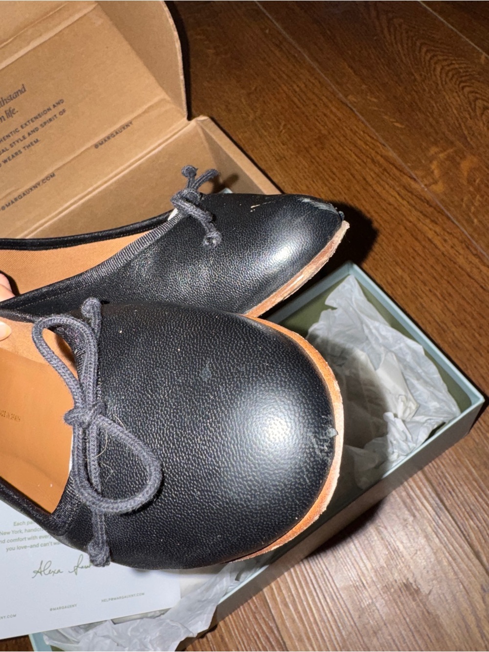 Margaux Black Leather Ballet Flats with Bow - Picture 5 of 8